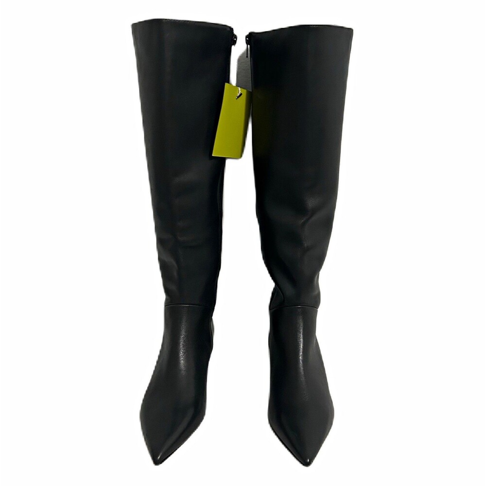 Gianni Bini Boots Women 7M Black Leather Knee High Pointed Toe Kitten Heel NWT
